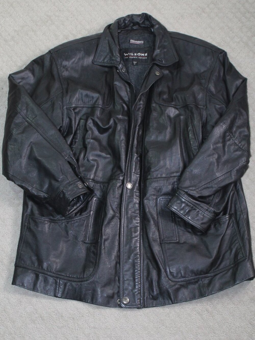 Wilsons Men's Size Large Black Leather Mid Jacket Thinsulate Lining Zip & Snap